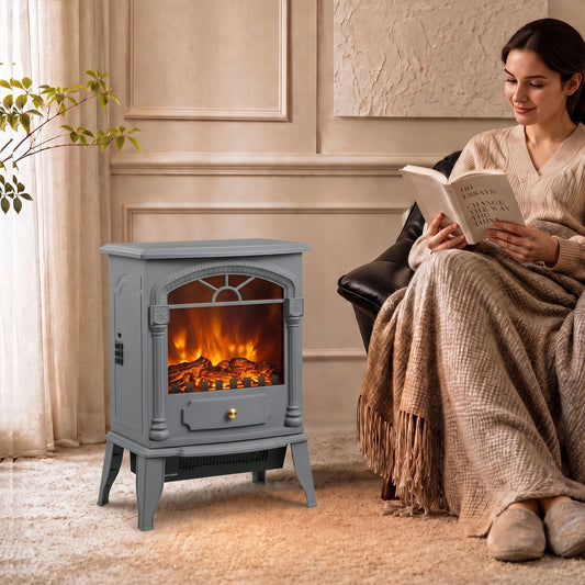 Freestanding Electric Fireplace Heater | 3D Flame Effect | 1000W/2000W | Adjustable Thermostat | Grey & White