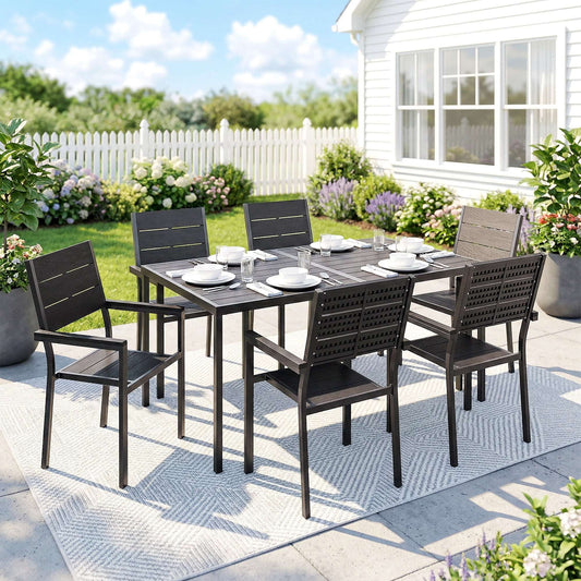 Outsunny 7 Pieces Outdoor Dining Set, Patio Table and Chairs for 6, Garden Dining Furniture Set with Slatted Tabletop