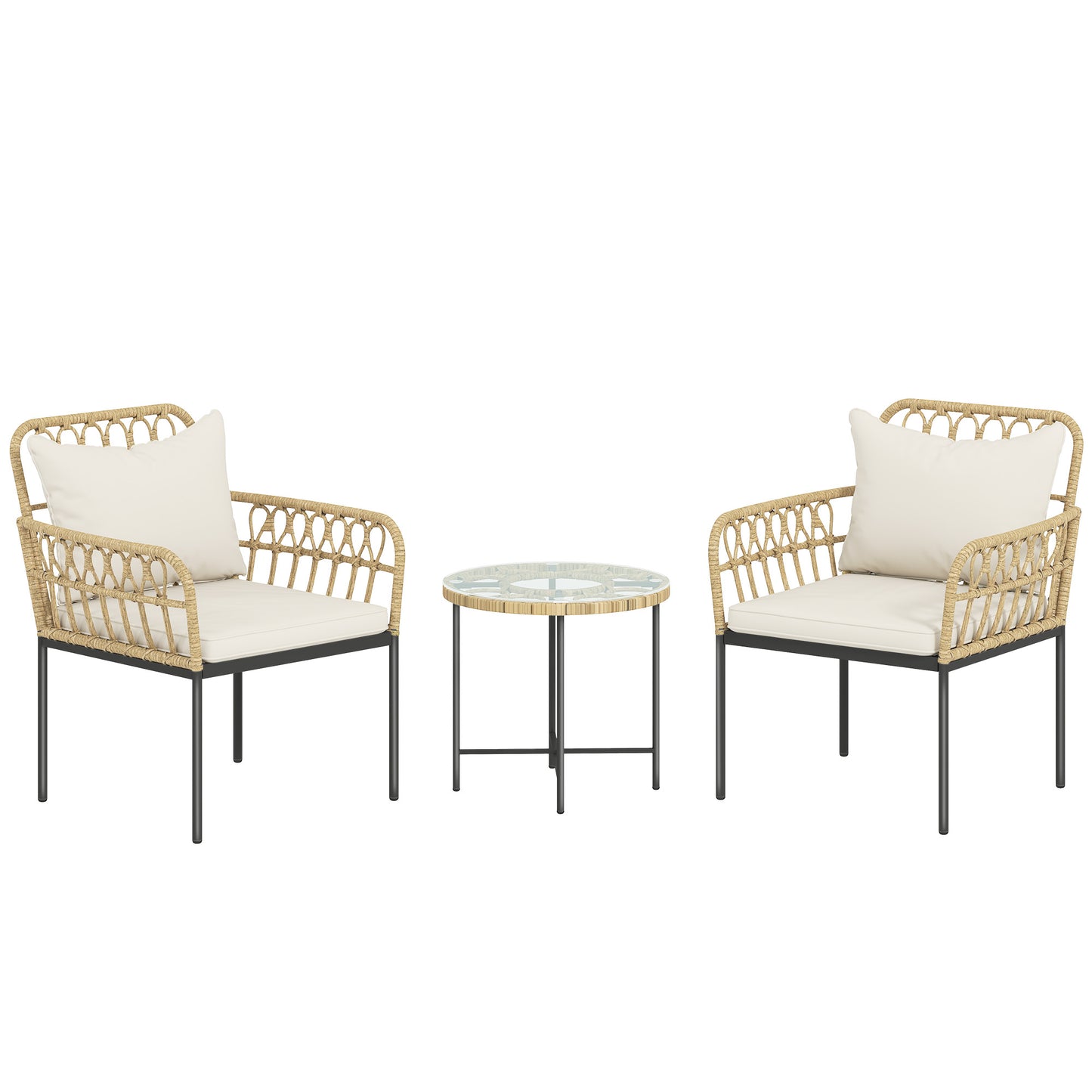 3 Piece Rattan Bistro Set, Wicker Garden Furniture Set with Cushions, Glass Top Coffee Table and Chairs for Outdoor, Patio, Balcony, Beige