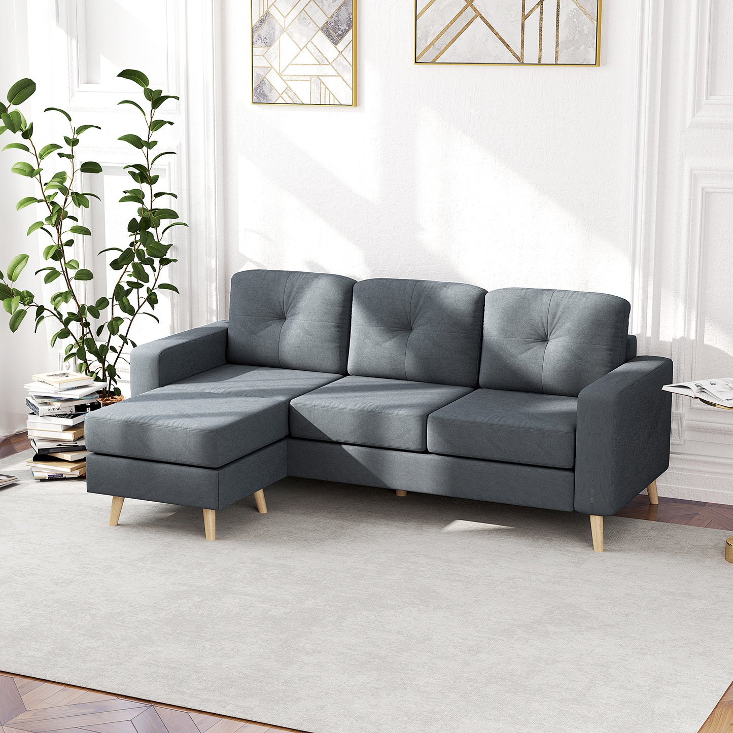 3 Seater Sofa with Footstool, Fabric L-Shaped Sofa, Sectional Couch with Wood Legs, Tufting Cushioned Back for Small Space, Living Room, Office,