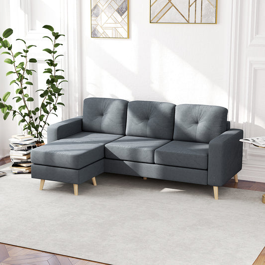 3 Seater Sofa with Footstool, Fabric L-Shaped Sofa, Sectional Couch with Wood Legs, Tufting Cushioned Back for Small Space, Living Room, Office,