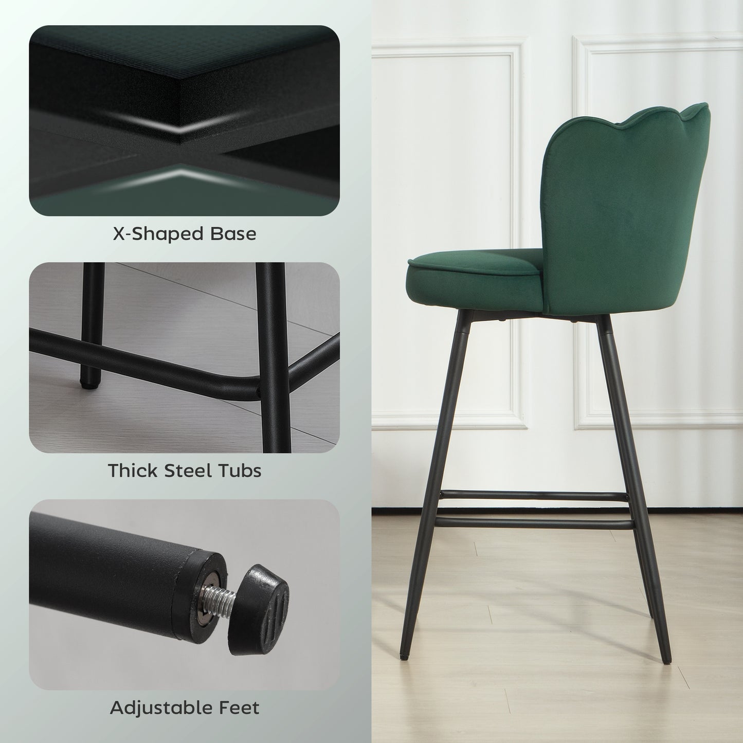 Set of Two Velvet-Feel Lotus Bar Stools - Dark Green / Grey
