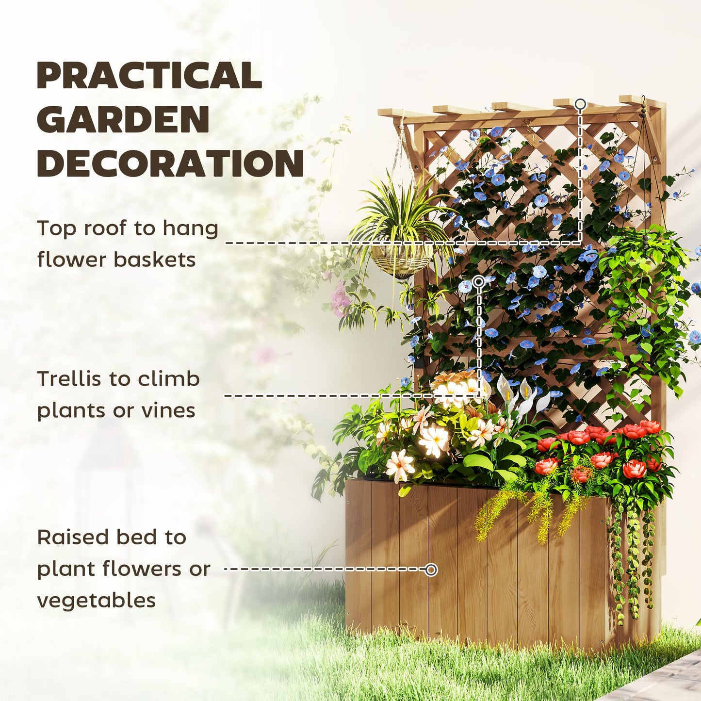Wooden Planter with Trellis, Freestanding Raised Garden Bed with Drainage Holes, Outdoor Planter Box with Liner for Vegetables, Herbs and Flowers
