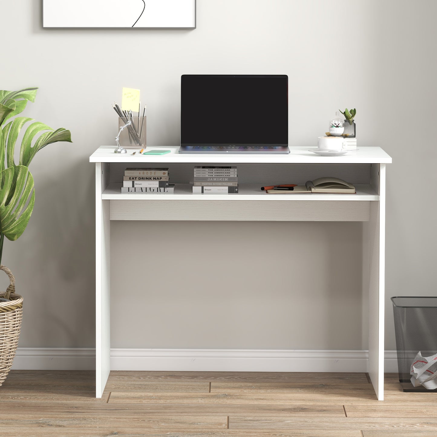 Home Office Desk & Ergonomic Mesh Chair Set | Flip-Up Arms | Storage Shelf | White & Grey