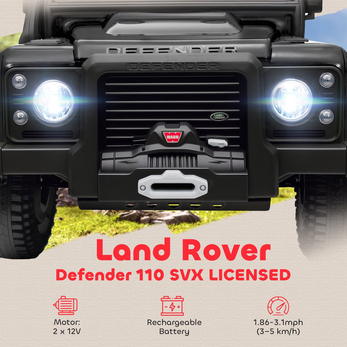 AIYAPLAY Kids Official Licensed Land Rover Defender 110 SVX Ride On Car with Remote Control, Music, Horn, 4 Spring Suspension Wheels, LED Lights for 3-5 Years Old