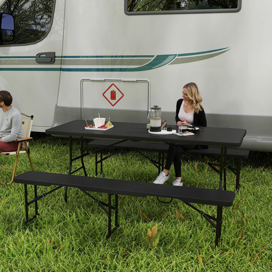 Folding Picnic Table and Bench Set, Rattan Effect Portable Camping Table and Chairs for Indoor Outdoor, Dining, Camping, Picnic, BBQ, Party