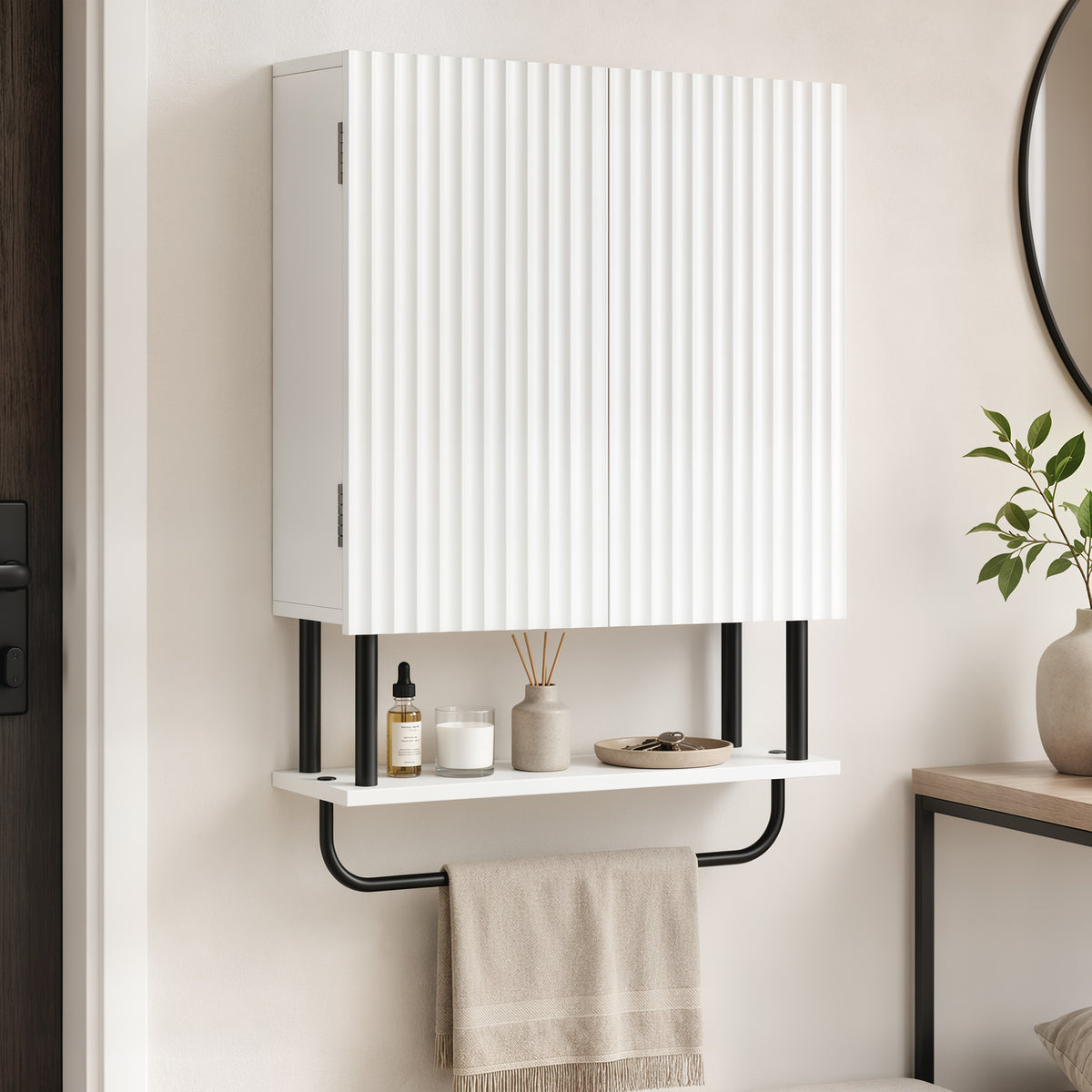 Bathroom Wall Cabinet | Double Doors | Open Shelf & Towel Rail | Wavy Door Style | Humidity-Resistant Painted MDF | 49 x 18 x 66cm | 30kg Capacity | Space-Saving Wall-Mounted | White