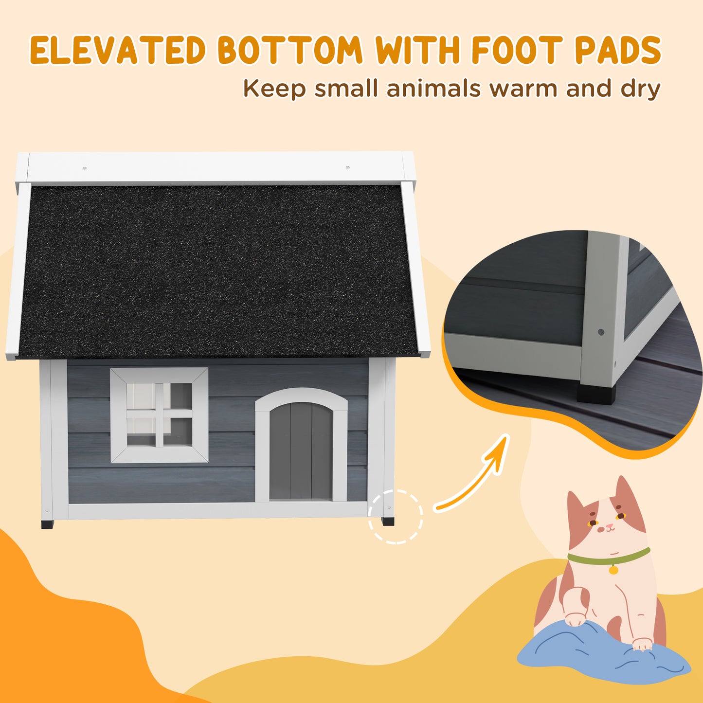 PawHut Outdoor Cat House, Wooden Feral Cat Shelter Waterproof Hide House with Openable Asphalt Roof and Three Doors, 77 x 57.5 x 68cm, Grey