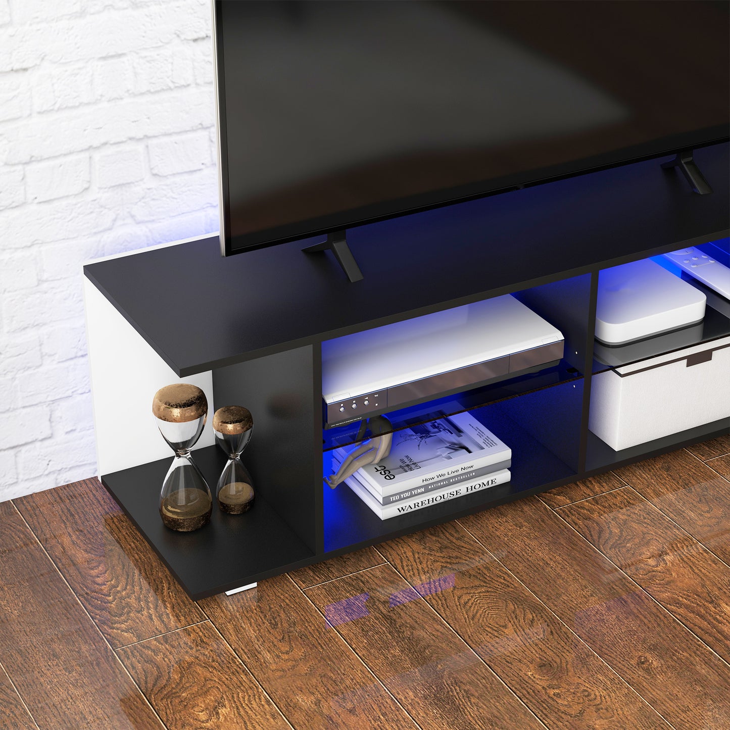 TV Stand, 145cm Modern TV Unit with Glass Shelves, RGB LED Light for 32 40 43 50 52 55 60 inch 4k TV, Black