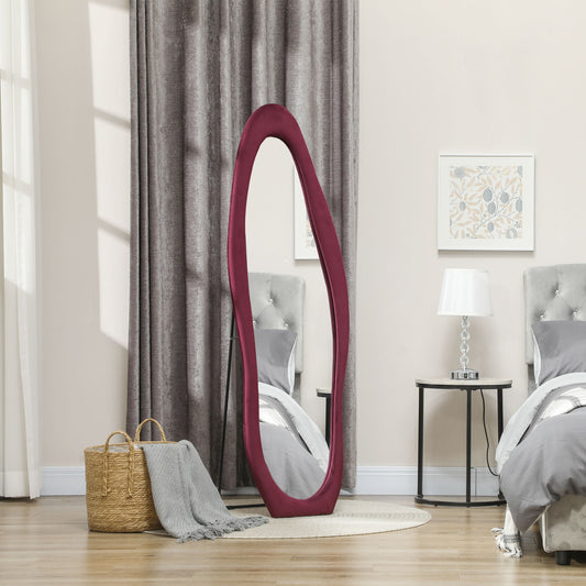 Arched Full Length Mirror, Irregular Wavy Mirror, 160 x 50cm Free Standing/Leaner/Wall Mirror with Velvet Frame for Living Room, Bedroom, Wine Red