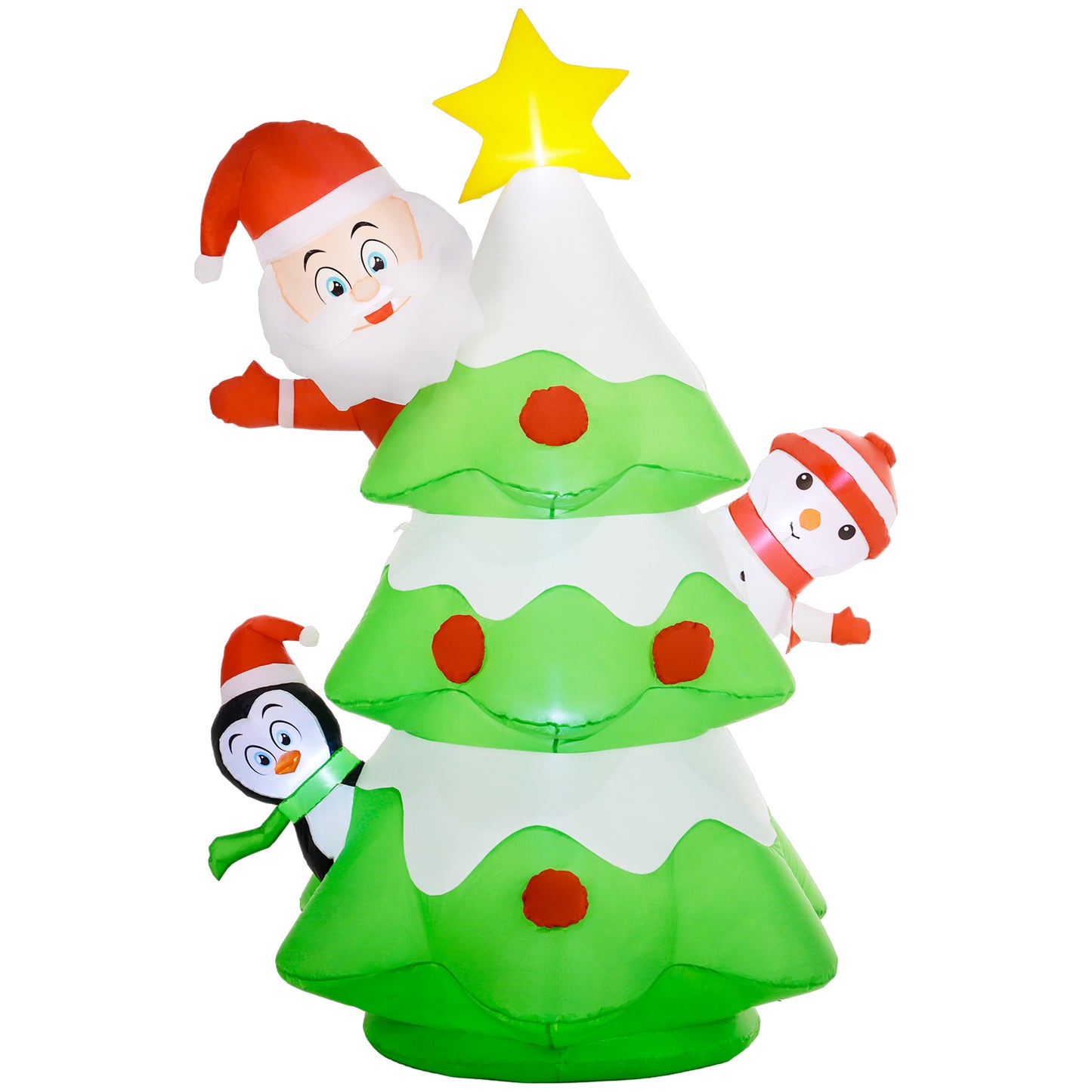 Outsunny 8FT Inflatable Christmas Tree with Santa Claus, Snowman and Penguin Behind, Blow Up Outdoor LED Display for Garden Party