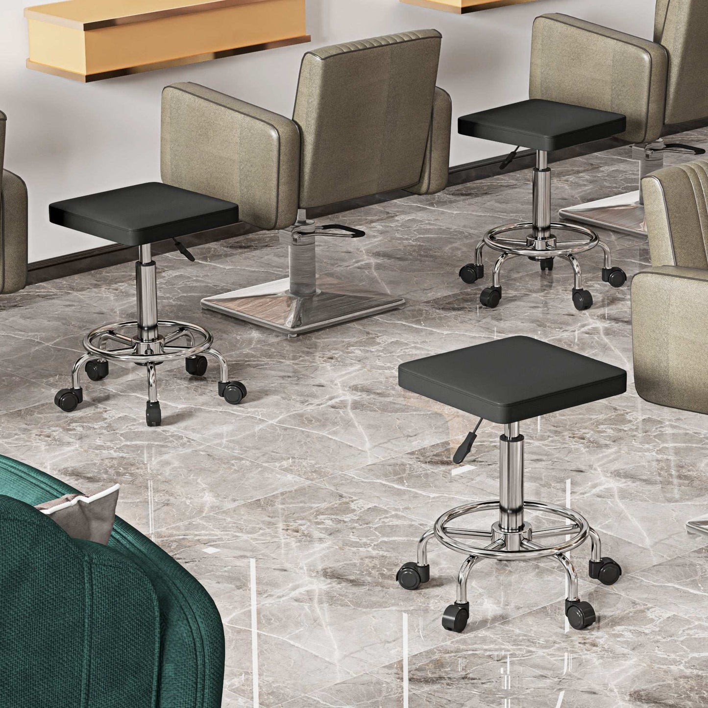 Adjustable PU Leather Rolling Stool - Black