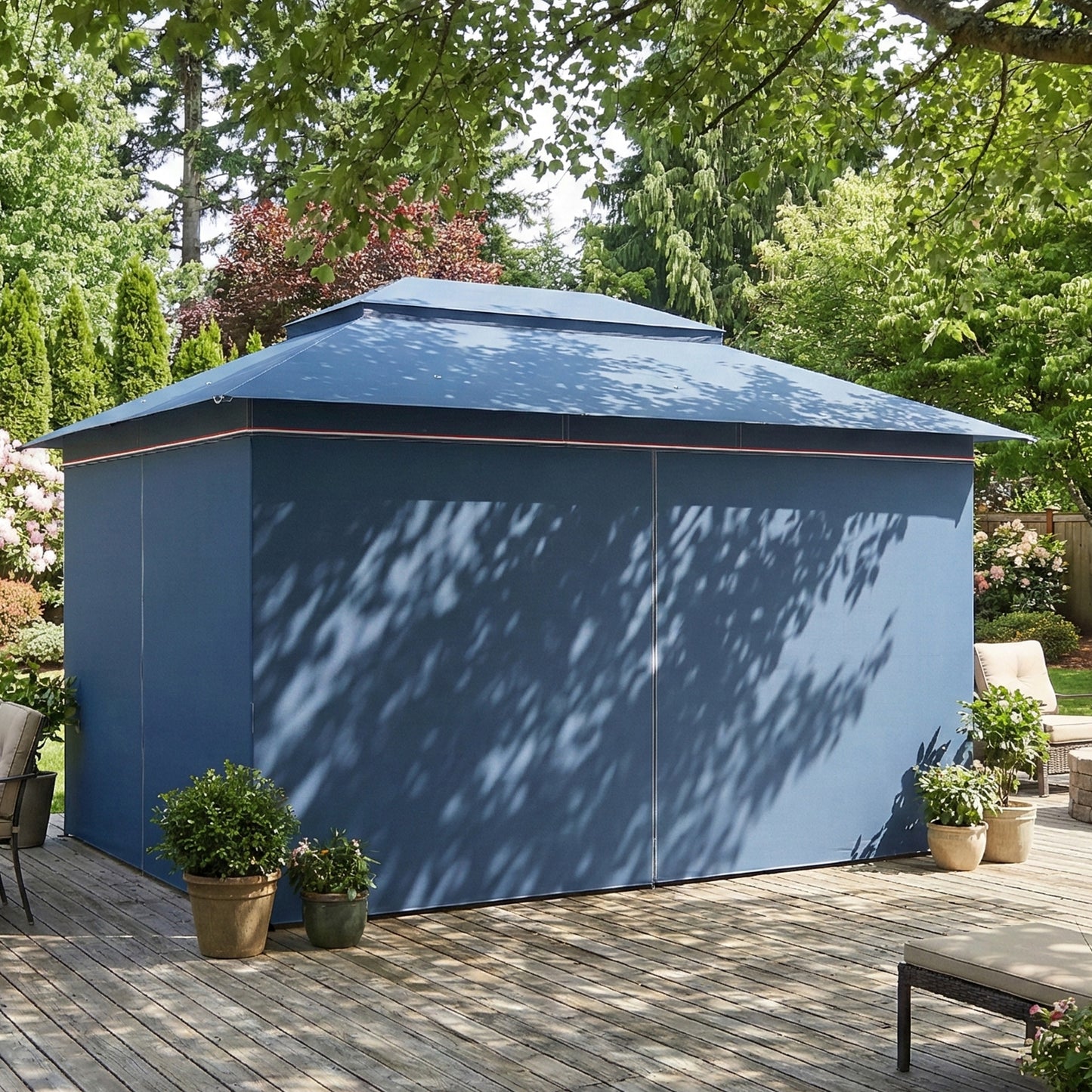 4x3m Permanent Garden Gazebo with Curtains & Netting | Double-Tier UPF50+ Roof | Drainage Holes | Powder-Coated Metal Frame | Expansion Screws | Ground Stakes | Guy Ropes | Dark Blue