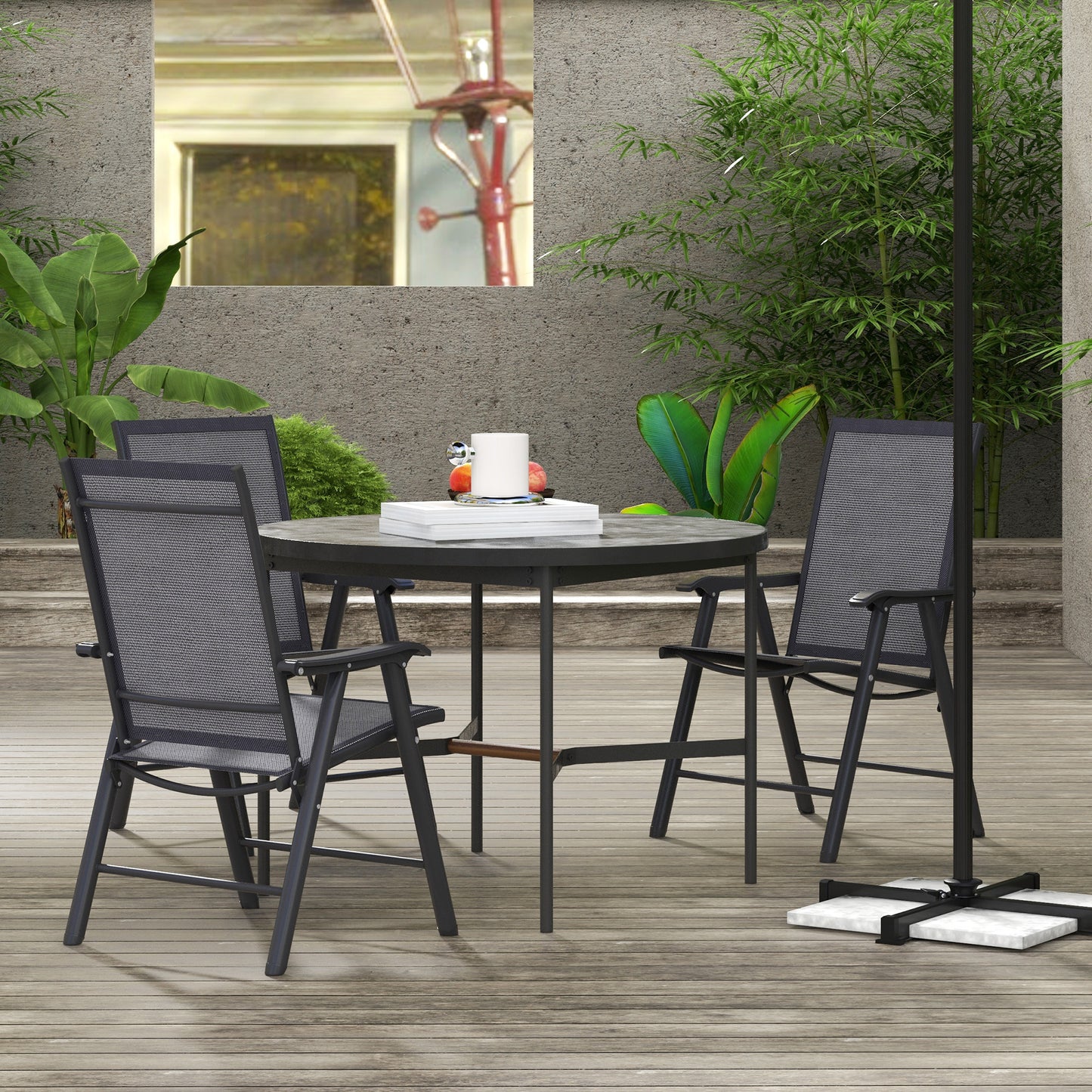 Outsunny Set of 6 Folding Garden Chairs, Metal Frame Garden Chairs Outdoor Patio Park Dining Seat with Breathable Mesh Seat, Dark Grey