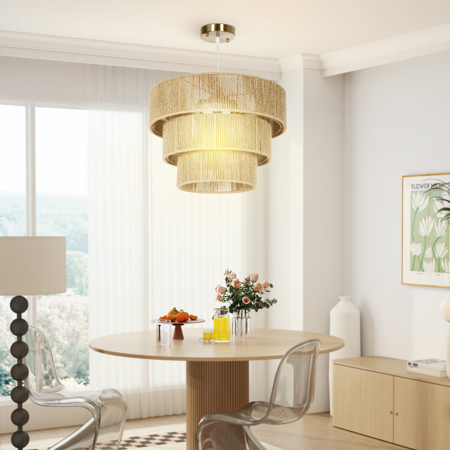 Hemp Rope Pendant Light, 3-Layer Boho Ceiling Light Shade, E14 Vintage Lampshade for Living Room, Bedroom, Kitchen, Hallway, Light Brown