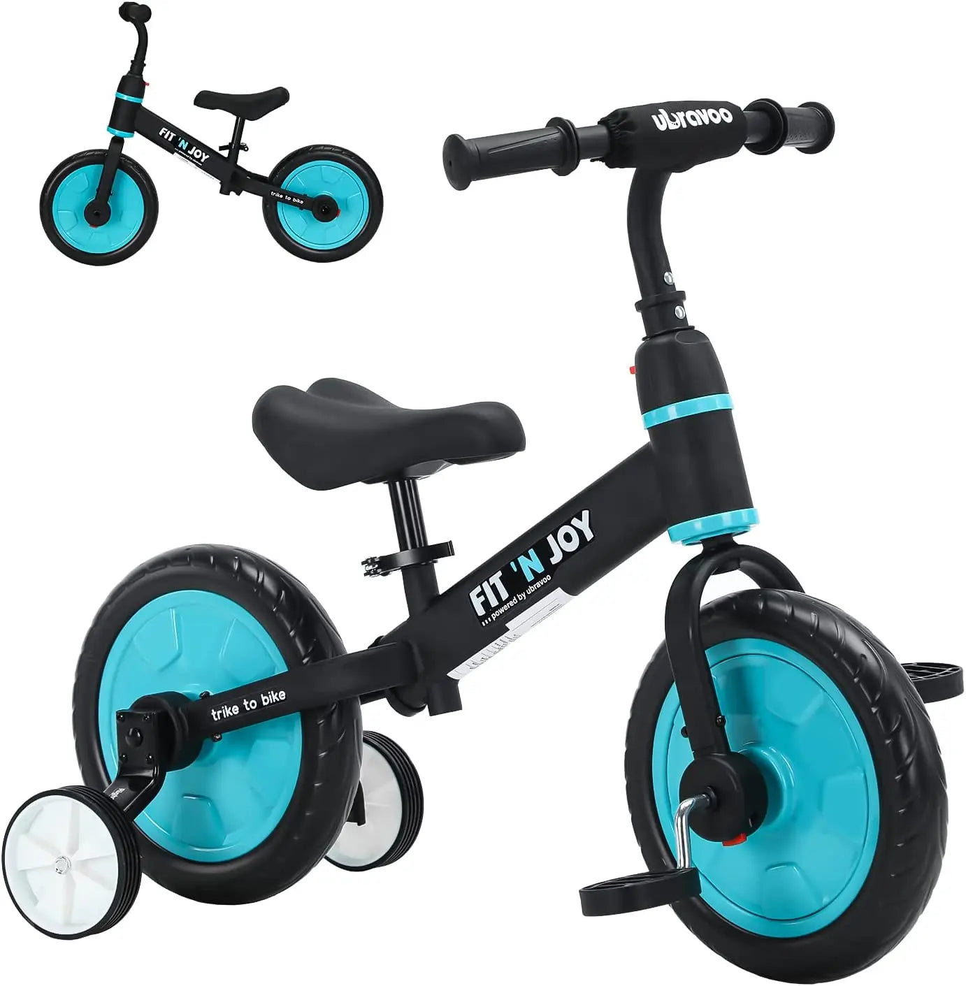 UBRAVOO Fit 'n Joy Beginner Toddler Training Bicycle 4-in-1 Kids Balance Bike With Pedals & Training Wheels Stabilisers For Boys Girls Age 2 - 4