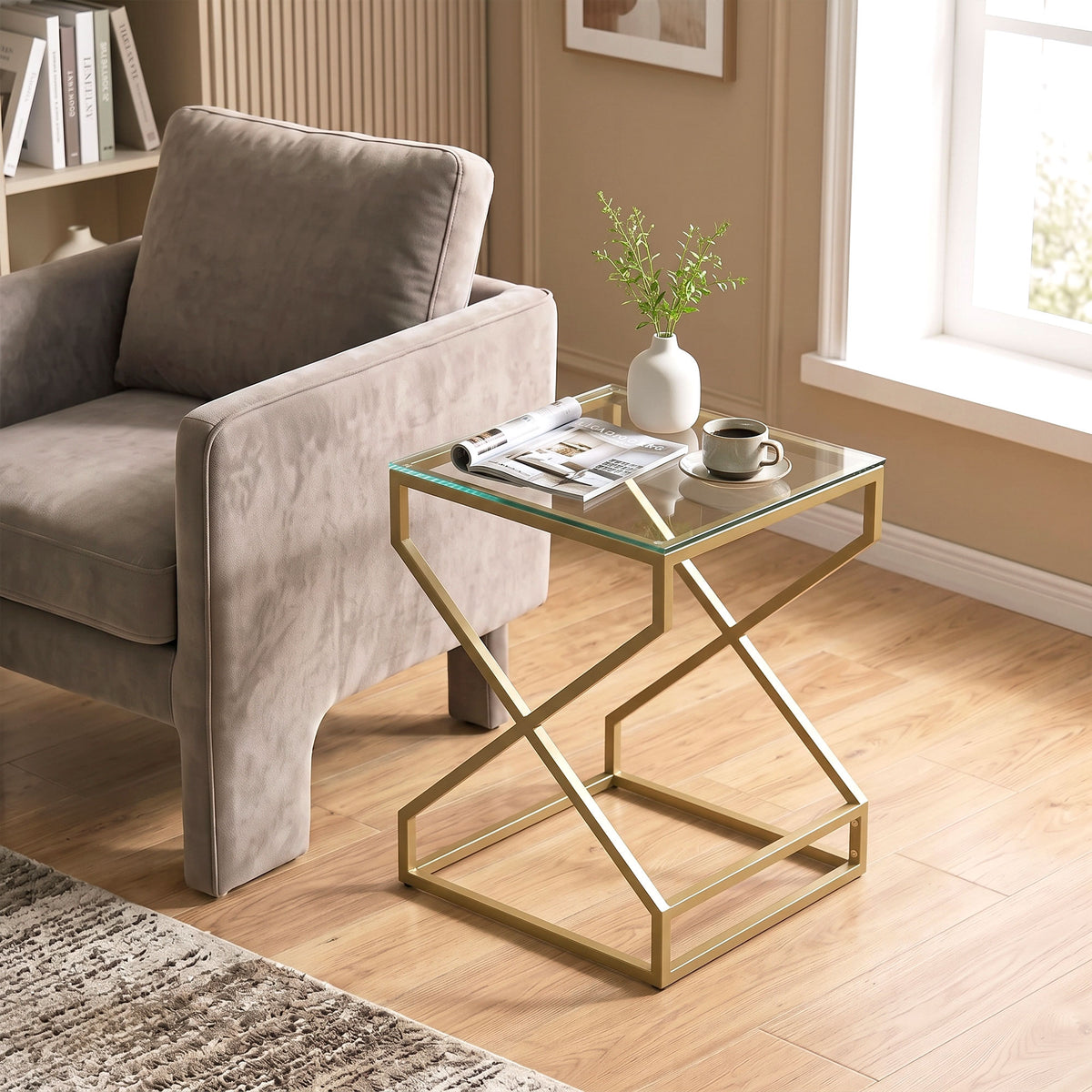 Nest of 2 Tables | Tempered Glass Tops | Gold-Tone Steel Tube Frame | Nesting Design | Adjustable Foot Pads | Large 40x40x55cm Small 35x35x50cm | 20kg Capacity | Transparent & Gold