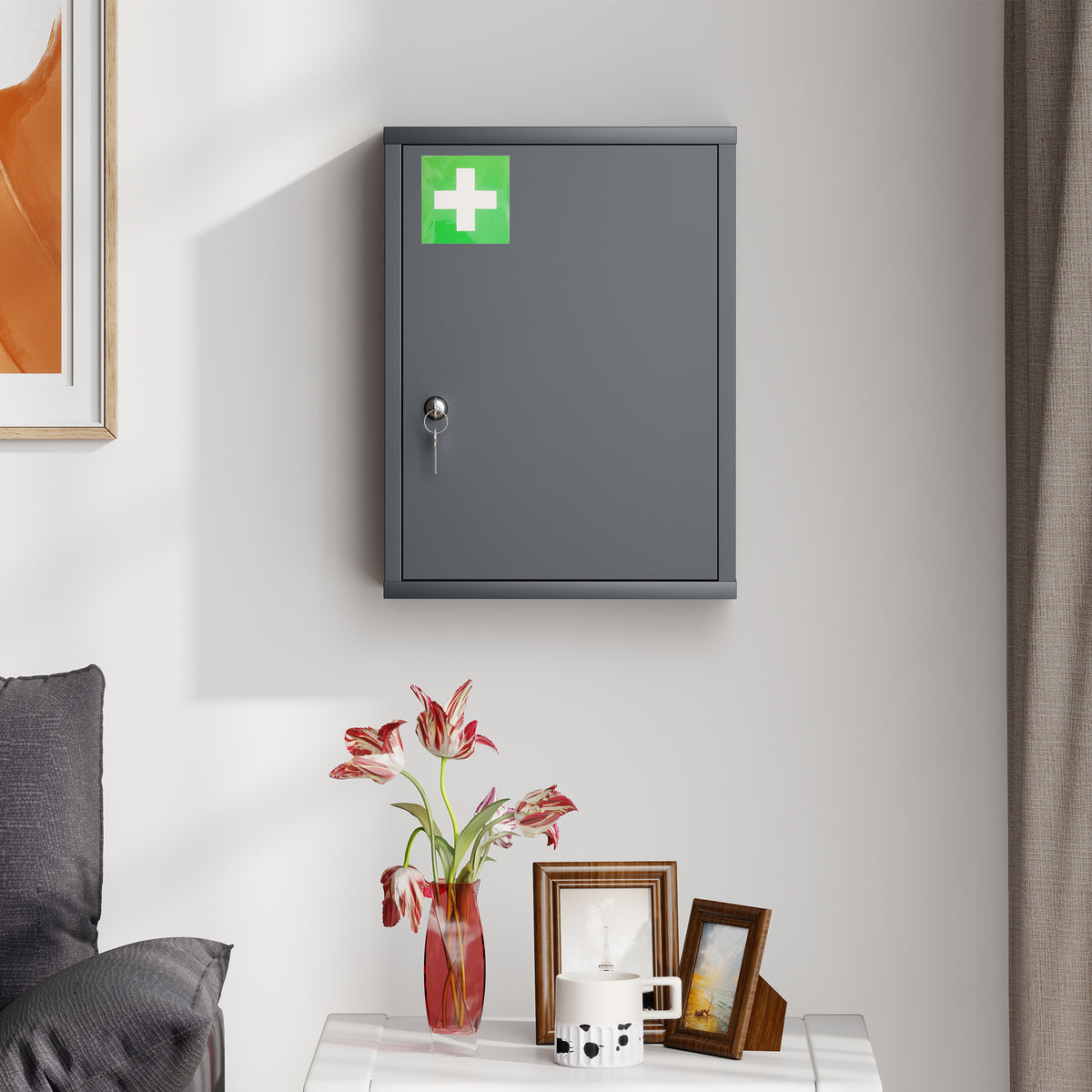 Kleankin Locking Medicine Cabinet | Smoke Grey Cold-Rolled Steel | 40x15x53.5cm | 3 Tiers | Lock & 2 Keys | Wall-Mounted | First Aid Cross | 15kg | No Assembly