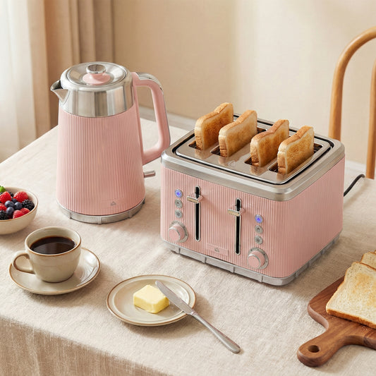 Electric Stainless Steel Kettle and Toaster Set, 3000W 1.7L UK Strix Thermostat Fast Boil Kettle Pink