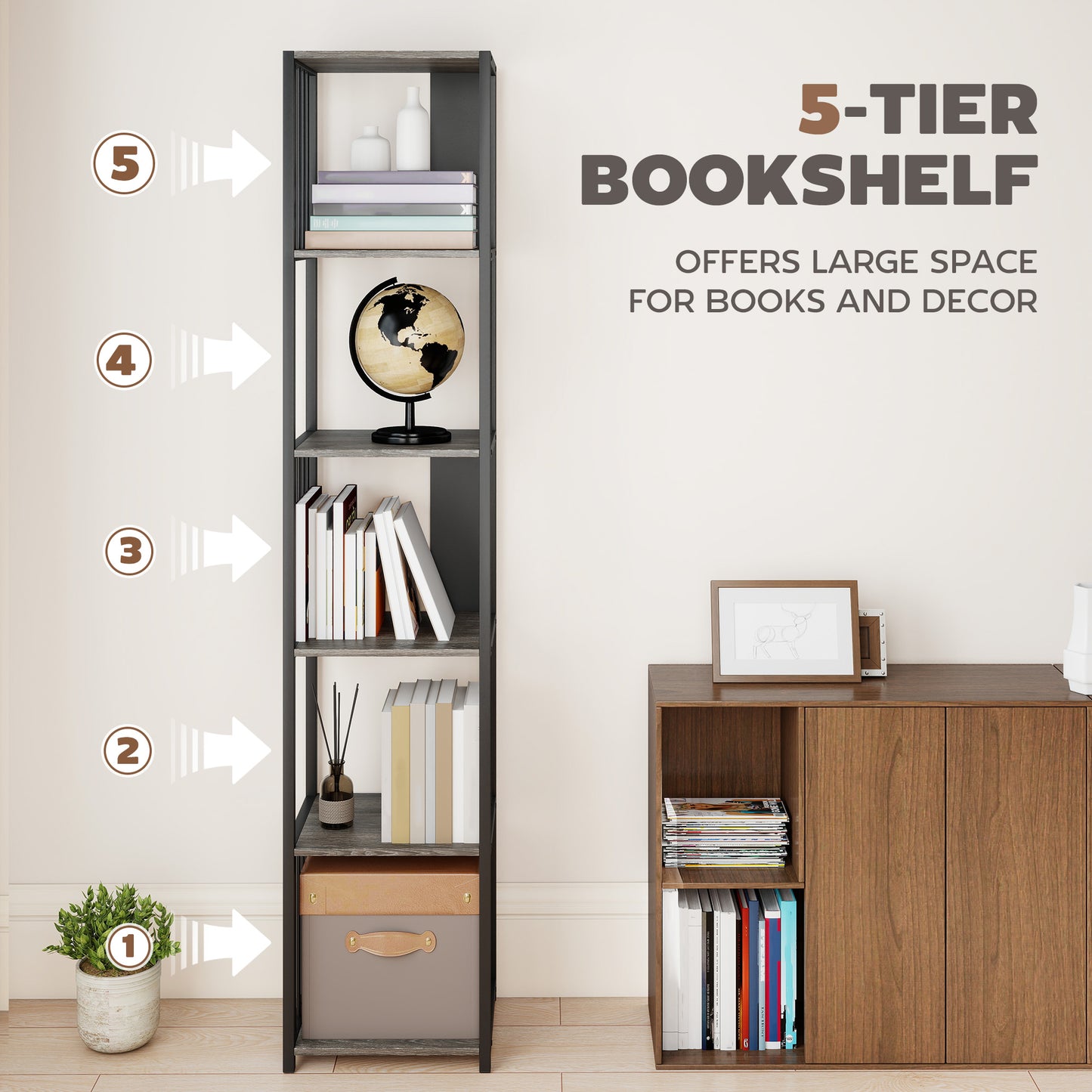 5-Tier Bookshelf with Steel Frame - Grey