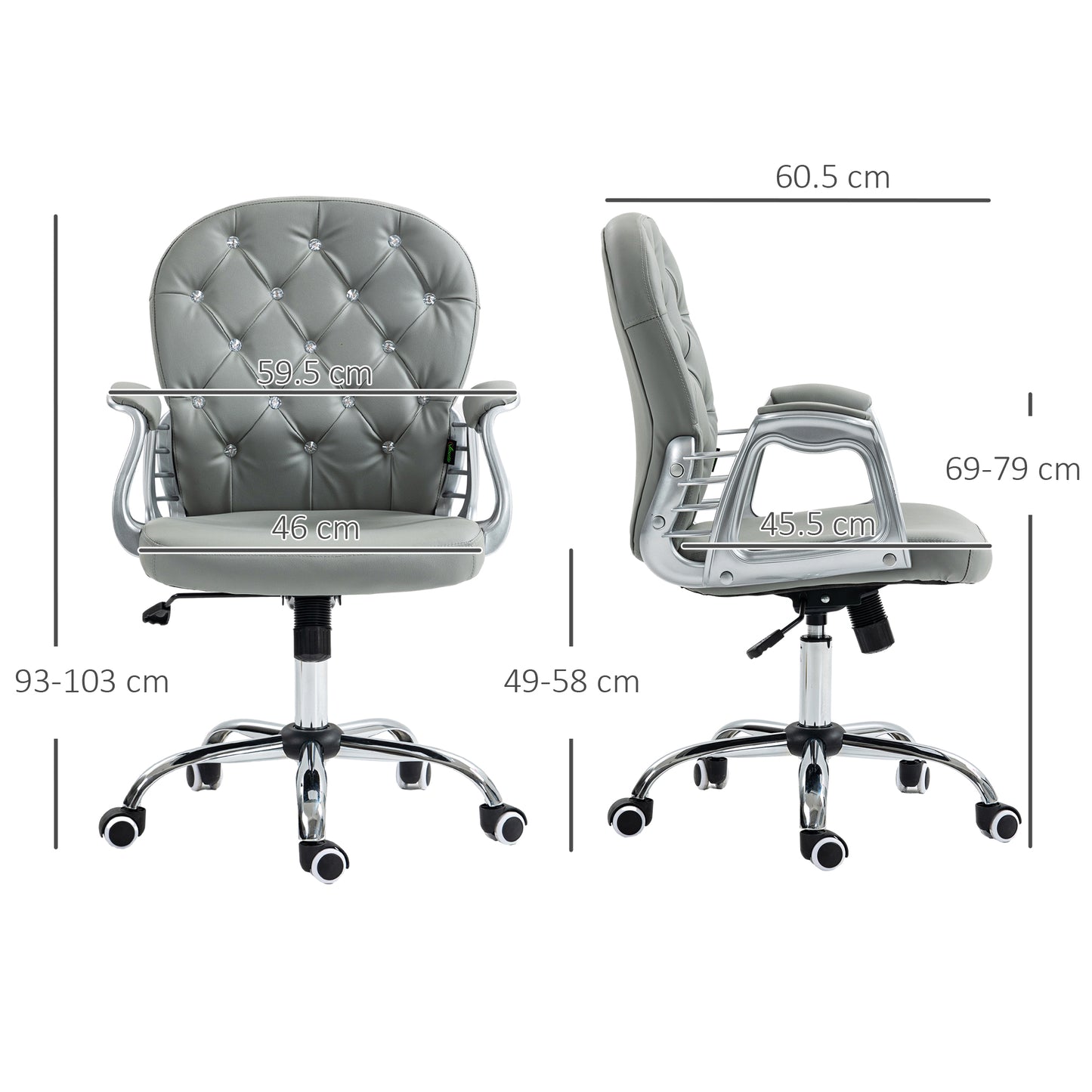 Vinsetto Retro Vintage Style Office Chair Ergonomic 360° Swivel PU Diamante Padded Base 5 Castor Wheels for Home Work Grey