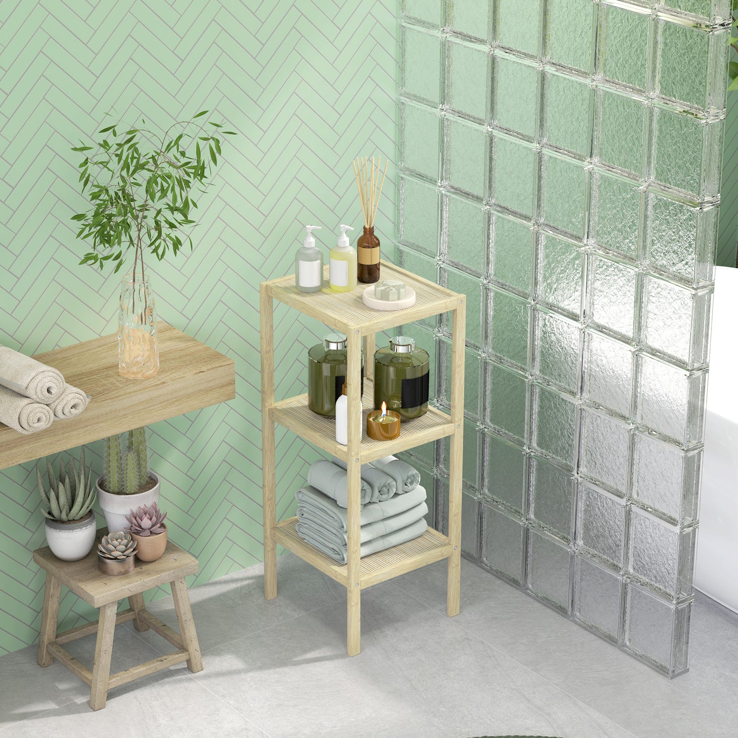 3-Tier Bamboo Bathroom Storage Shelves, Freestanding Storage Shelving Unit, Multifunctional Display Plants Stand Shelf Rack Organiser, Natural