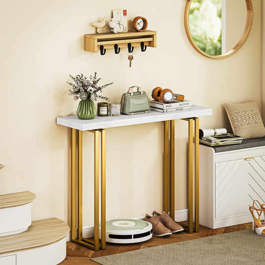 100 cm Console Table with Faux Marble Top, Narrow Entryway Table with Anti-tipping Device, White
