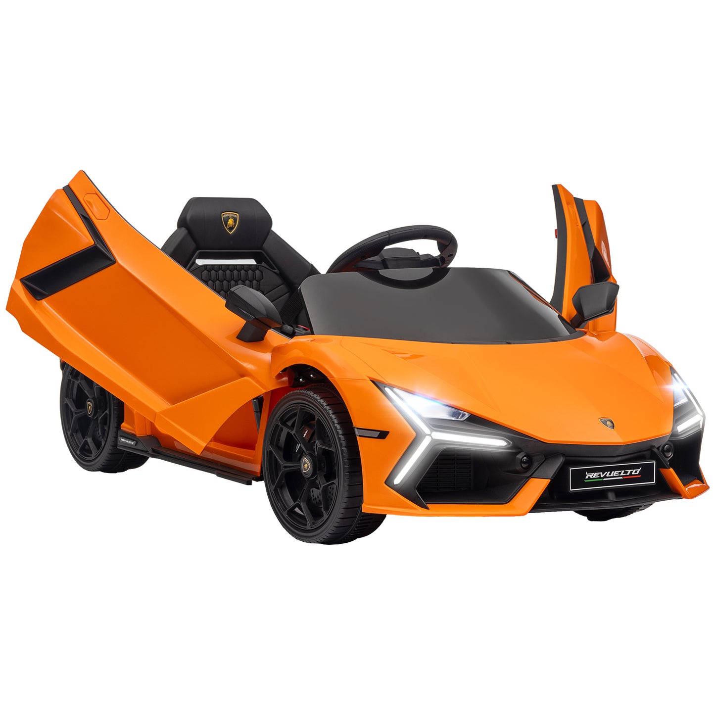 AIYAPLAY Lamborghini Revuelto Licensed 12V Ride on Car w/ Butterfly Doors Training Wheels, Suspension, Remote Control Yellow / Orange