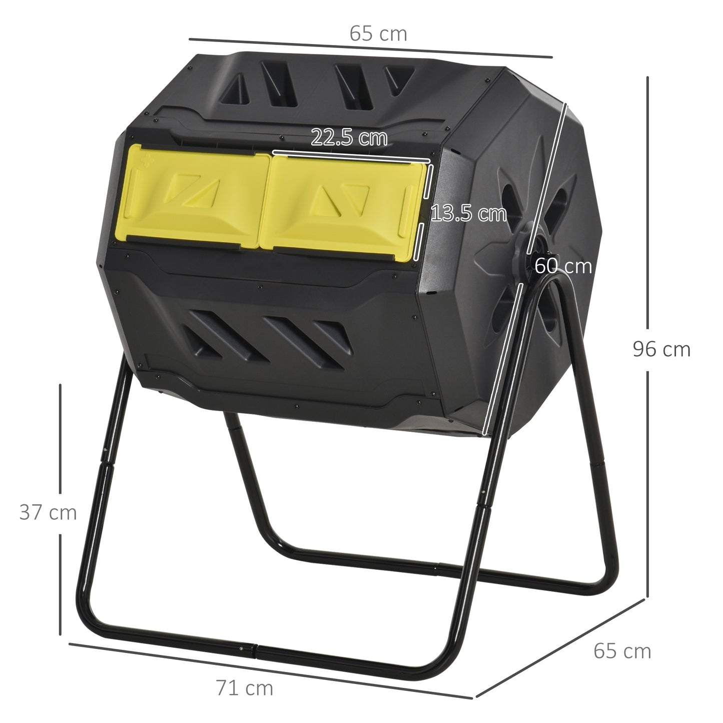 160L Tumbling Compost Bin Outdoor Dual Chamber 360° Rotating Composter, Garden Compost Bin w/ Sliding Doors & Solid Steel Frame, Yellow