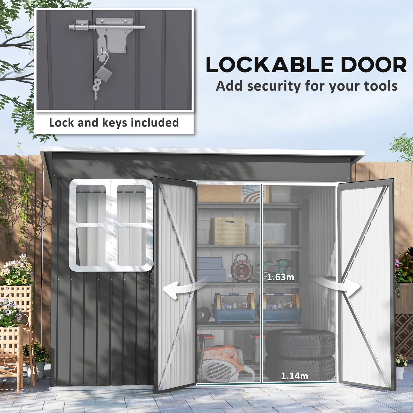 8.5 x 6ft Storage Shed Galvanised Steel Garden Shed, Metal Shed with Foundation Kit, Window, Lockable Wide Doors and Air Vents, Dark Grey