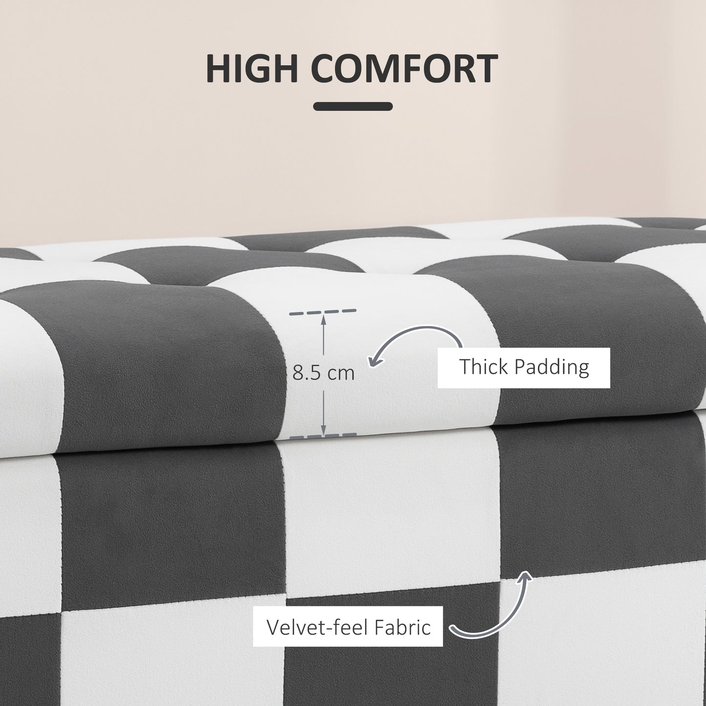 114 x 47 x 47cm Velvet Storage Ottoman, Button-tufted Footstool Box, Toy Chest with Lid for Living Room, Bedroom, Dark Grey and White
