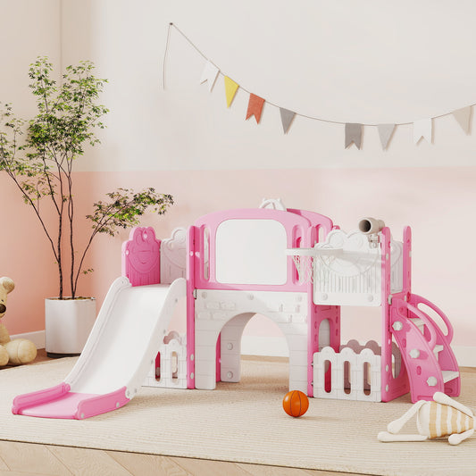 AIYAPLAY 7 in 1 Toddler Slide Set with Basketball Hoop, Climbing Frame, Telescope, Drawing Board, Storage Box, Pink