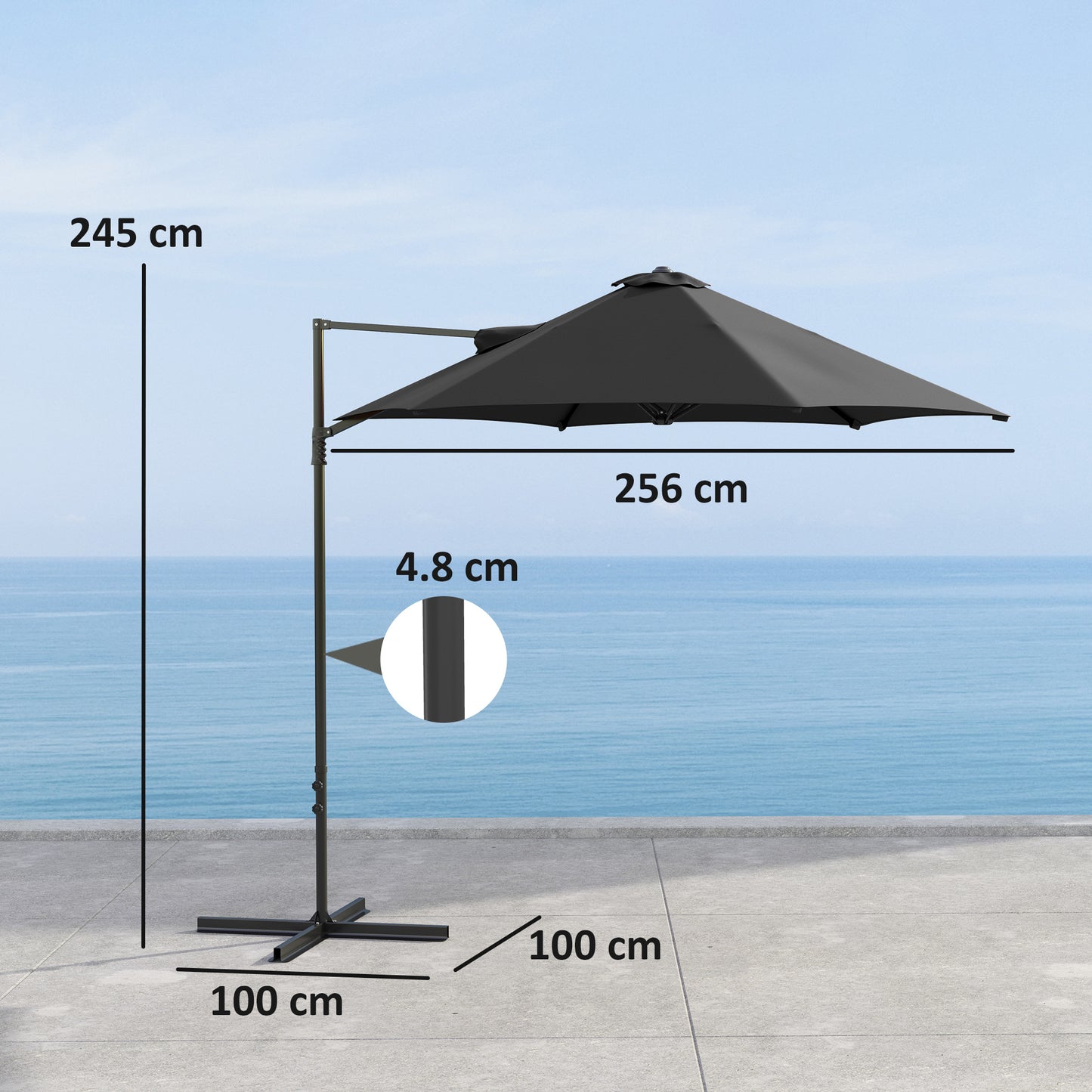 2.5M Garden Cantilever Parasol, Offset Roma Patio Umbrella Hanging Sun Shade Canopy Shelter with 360° Rotation and Cross Base, Black