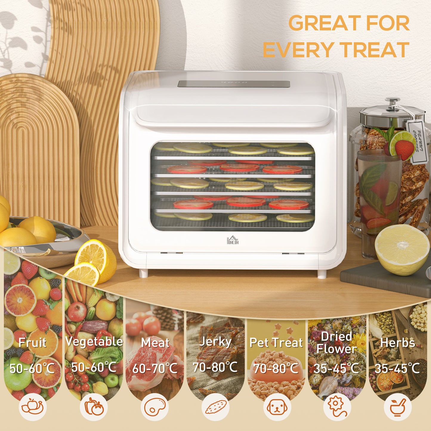 35-70°C Six-Tray Food Dehydrator - White / Black