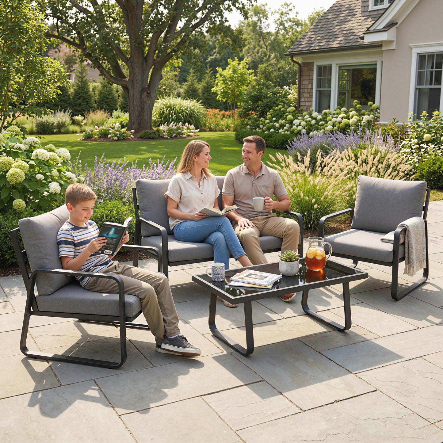 4-Piece Garden Sofa Set | Loveseat, 2 Armchairs & Glass Table | 16cm Cushions | Zip Covers | Black