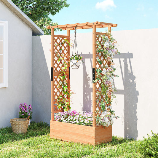 Fir Wood Garden Raised Bed with Double Trellis & Hanging Rails | 85x39cm Planting Bed | 2 Drainage Holes | 10kg Trellis Capacity | 110x44x181cm | Natural Wood Finish