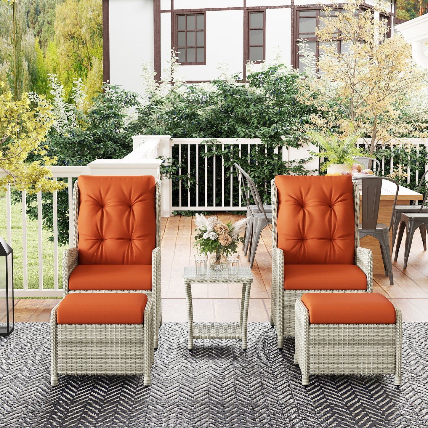 Outsunny 5 Pieces Rattan Bistro Set with Adjustable Back, Reclining Wicker Balcony Furniture with Cushions, Glass Top Coffee Table, Orange