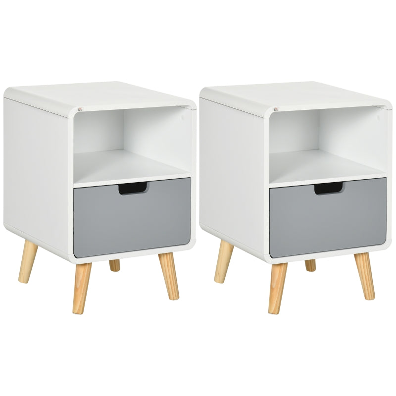 HOMCOM Wooden Retro Style Bedside Table End Nightstand With Drawer Wood Lamp Desk Storage Unit Bedroom Scandinavian Nordic Style, Set of 2