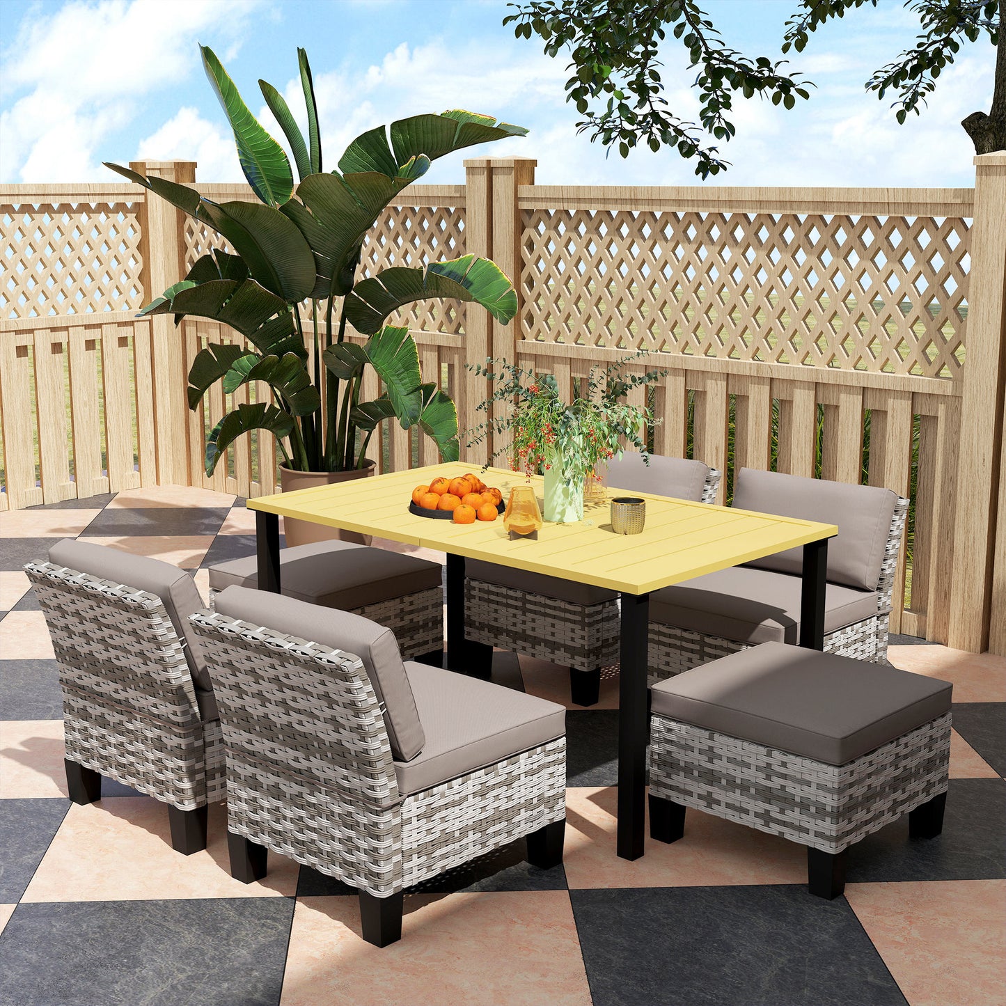 7-Piece Rattan Garden Dining Set, 6 Seater Wicker Garden Furniture Set with Seat and Back Cushions, Umbrella Hole, Patio Table and Chairs