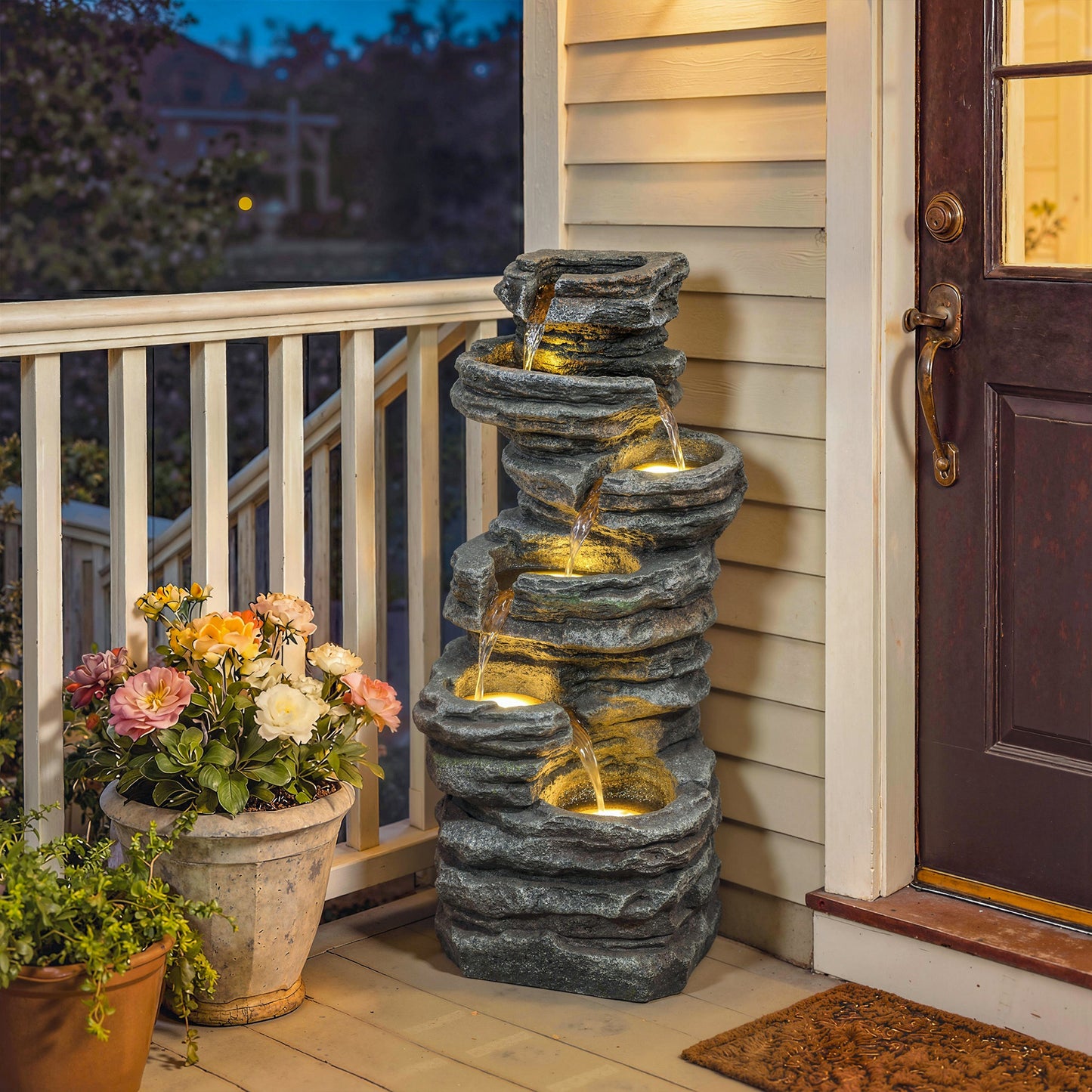 6-Tier Cascading Garden Water Fountain | LED Lights | Resin | Grey | 101.5cm