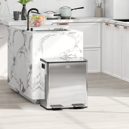 40L Dual Compartment Stainless Steel Bin, with Deodoriser Holders - Silver Tone / Gold Tone