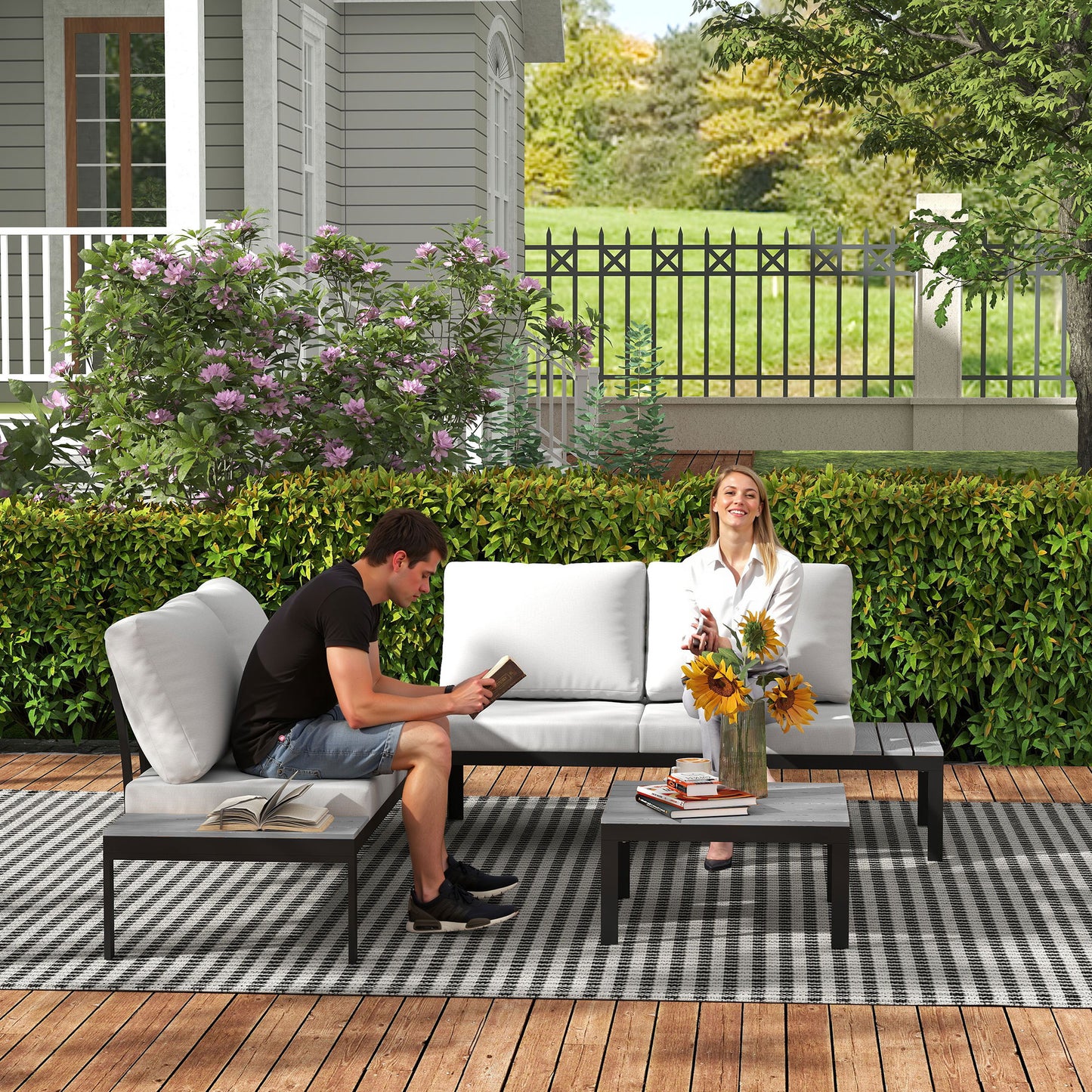 Outsunny Four-Piece Garden Corner Sofa Set with 2 Loveseats and 2 Coffee Tables - Grey