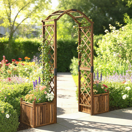 Wooden Garden Arch with 2 Planter Boxes | Trellis for Climbing Vines & Roses | Carbonised Fir Wood | Water Lacquer Finish | 25kg Capacity | 170.5x42x200cm | Carbonised