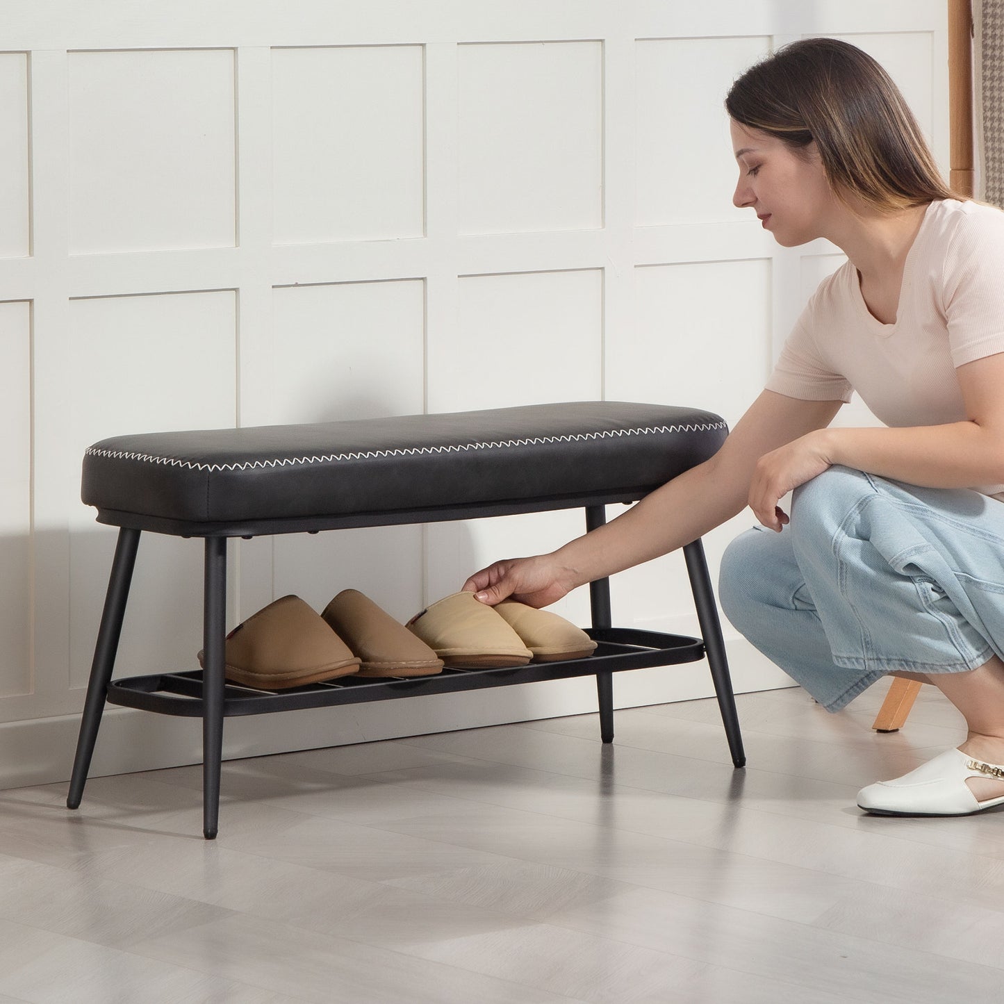 PU Leather Shoe Storage Bench - Charcoal Grey