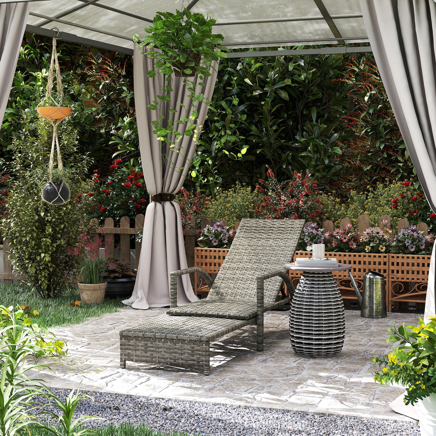 Outsunny PE Rattan Sun Lounger with Adjustable Backrest - Mixed-grey