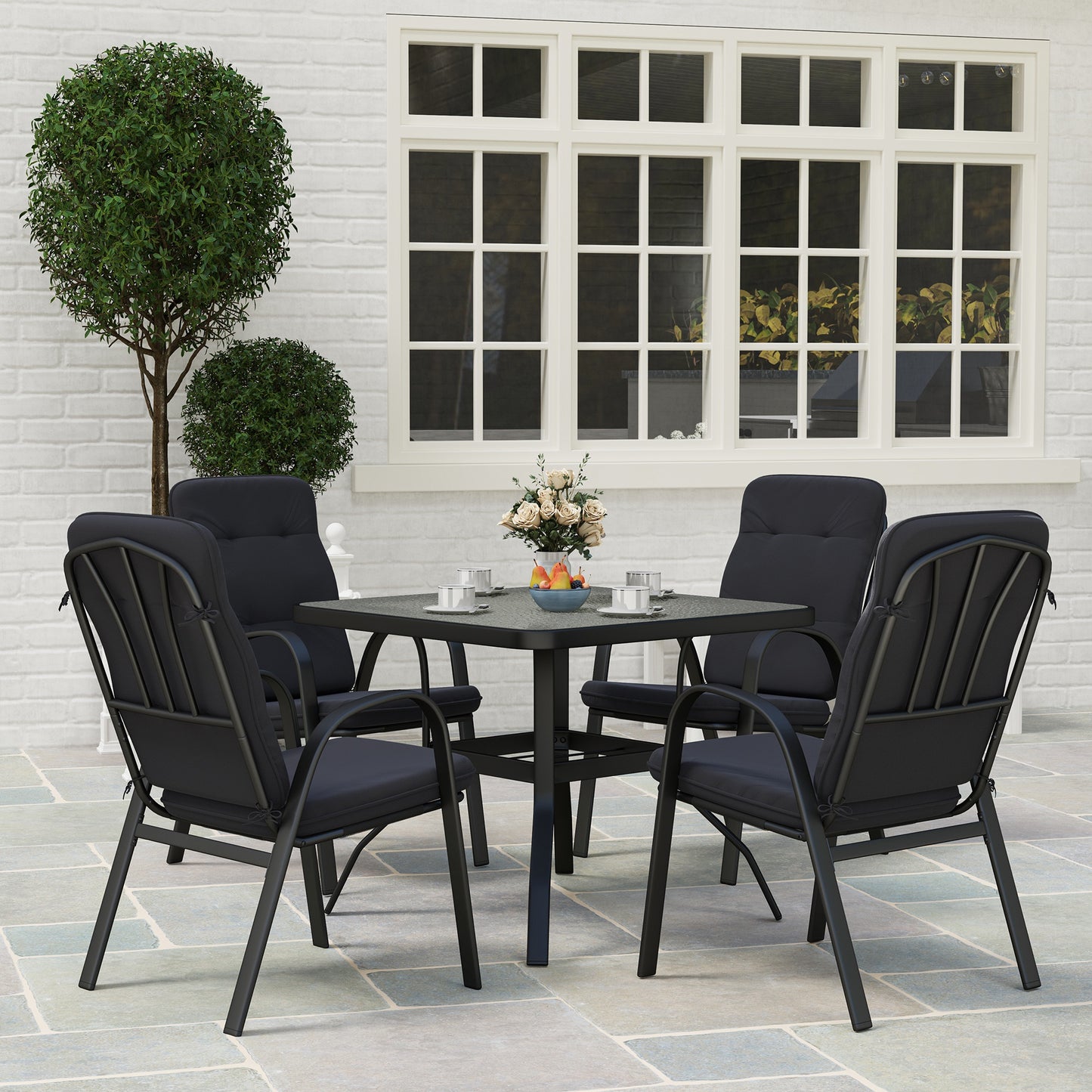 Outsunny 5 Piece Outdoor Square Garden Dining Set w/ Tempered Glass Dining Table 4 Cushioned Armchairs, Umbrella Hole, Black