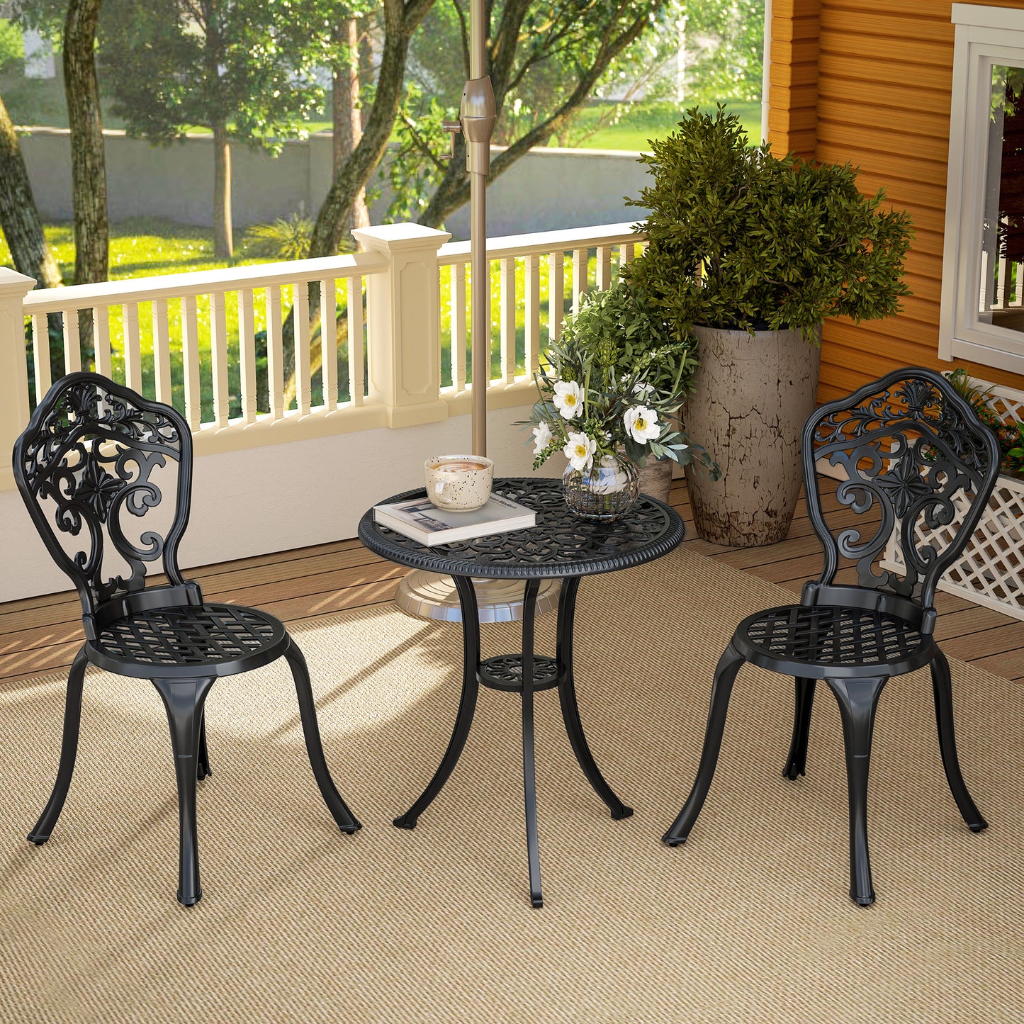 3 Piece Cast Aluminium Garden Bistro Set for 2 with Parasol Hole, Outdoor Coffee Table Set, Two Armless Chairs and Round Coffee Table