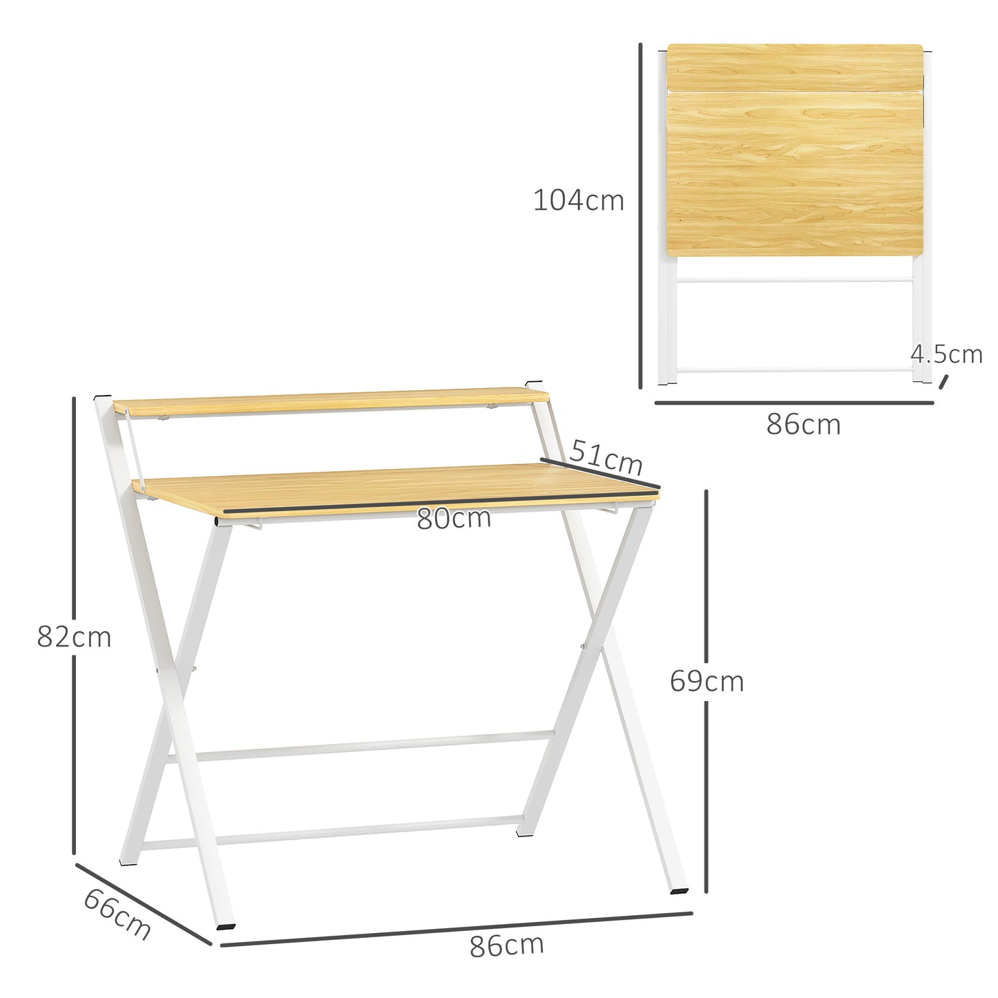 Compact Folding Desk for Small Spaces, Foldable Computer Desk W/ Storage Shelf for Home Office, 2-Tier Study Writing Table, 86 x 66 x 82 cm,
