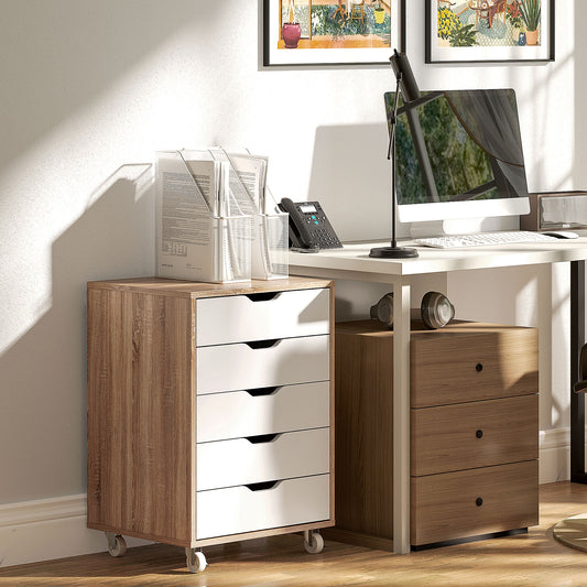 5 Drawer Mobile Filing Cabinet on Wheels | Brakes | 47.5x39.5x67.5cm | Groove Handles | Flat Top | Anti-Tip Strap | 25kg | Oak Brown