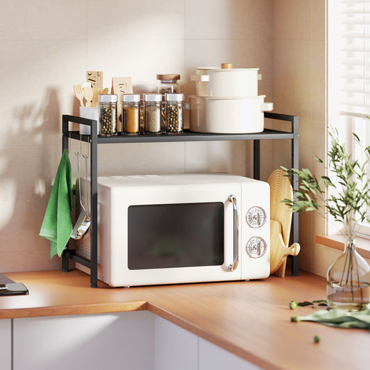 Expandable Microwave Oven Rack with 3 Hooks - Black